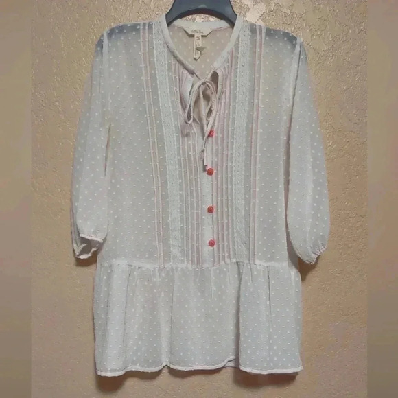 MATILDA JANE Cream Textured Polka Dot 1/2 Balloon Sleeve Button Sheer Blouse M - Picture 1 of 6